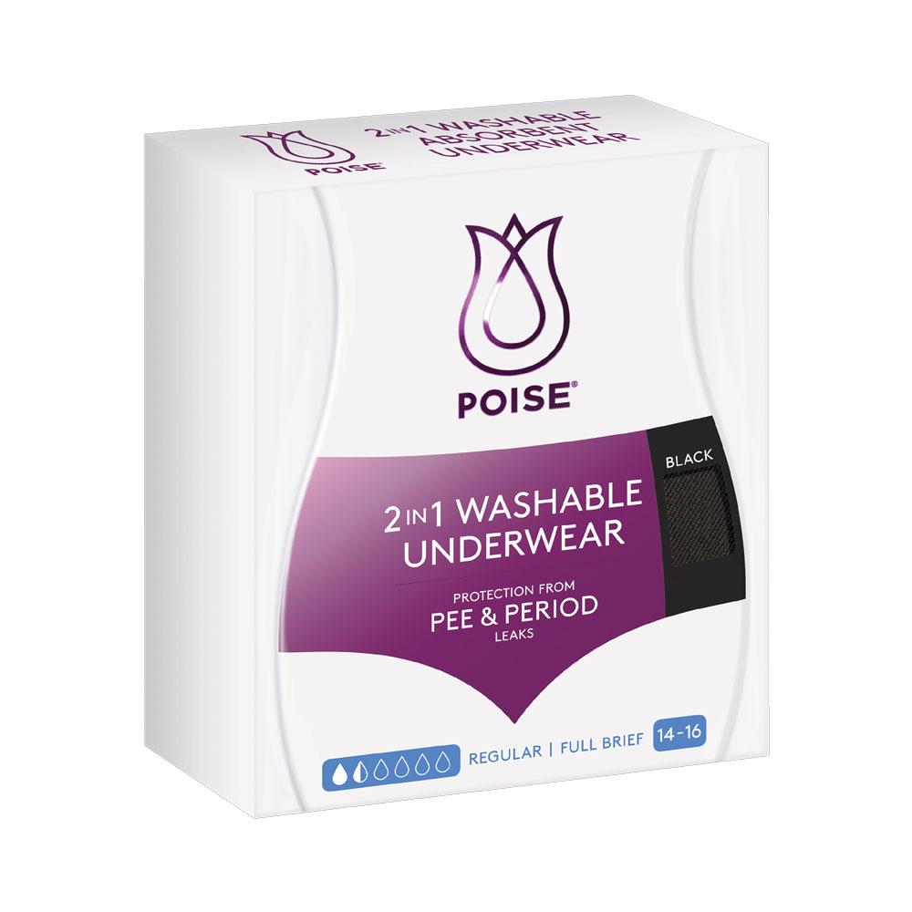 Poise Reusable Underwear 2 In 1 Briefs 14-16 Waist 81-86cm Female 60ml Black