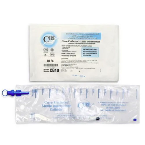 Cure Catheter Closed System Pre Lubricated Single Straight Tip Black Unisex 10FR