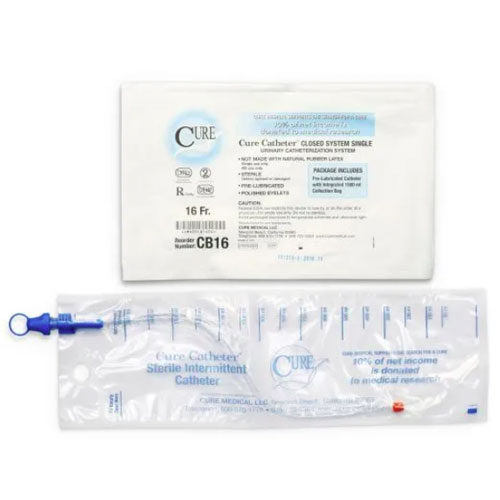 Cure Catheter Closed System Pre Lubricated Single Straight Tip Orange Unisex 16FR