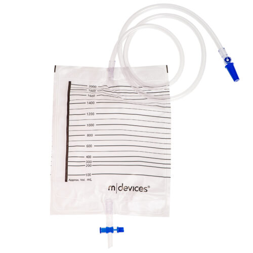M Devices Urine Bag 2000ml T-Tap NRV Sample Port 120cm Clear Tubing