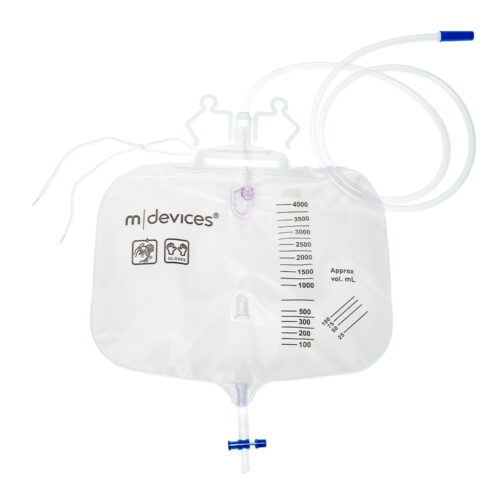 M Devices Urine Bag 4000ml T-Tap Non-Return Valve Integrated Hanger And Rope 150cm Tubing Sterile
