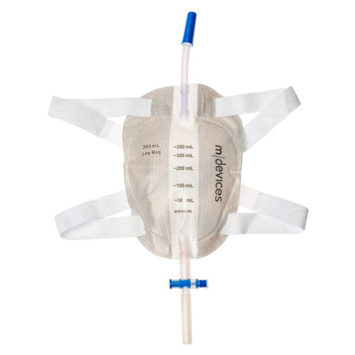 M Devices Leg Bag T-TAP Non-Return Valve 10cm Short Tube With Bonded Step Connector And Silicone Straps 350ml Sterile