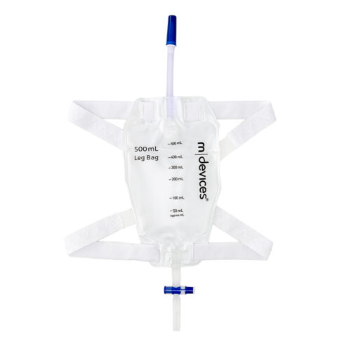 M Devices Leg Bag T-Tap Non-Return Valve 10cm Tube With Bonded Step Connector And Silicone Lined Straps 500ml Sterile